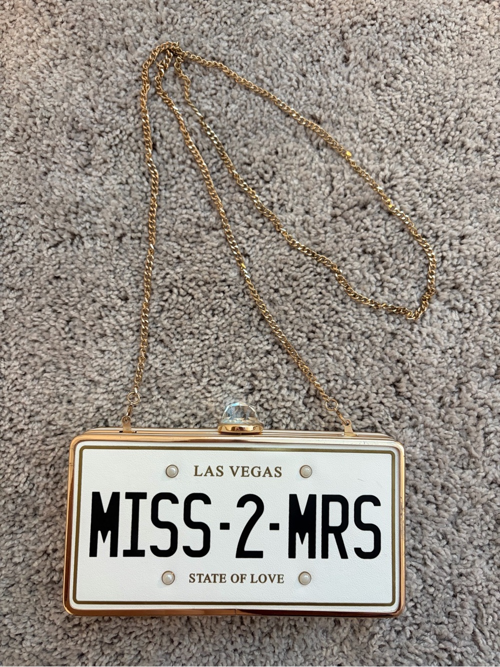 Aldo White 'MISS-2-MRS' License Plate Clutch with Gold Chain